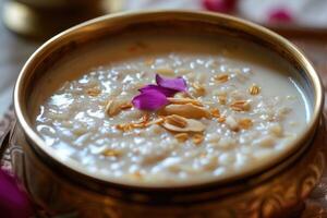 ai generado kheer, payasam, un cremoso y dulce arroz pudín indio plato, hecho por hirviendo leche, azúcar o azucar de palmera, y arroz. generativo ai foto