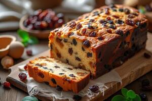 AI generated Homemade fruit cake with raisins photo