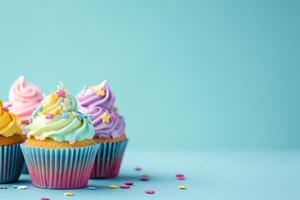 AI generated Colorful Cup Cakes Isolated on Pastel Blue Background, Copy Space Style, generative ai photo