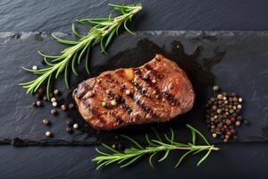 AI generated Roasted beef steak on dark stone background with rosemary herbs. Top view, generative ai photo