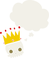 cartoon skull with crown with thought bubble in retro style png