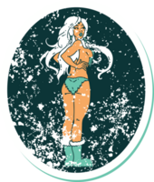 distressed sticker tattoo in traditional style of a pinup viking girl png