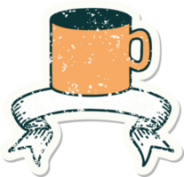 worn old sticker with banner of cup of coffee png