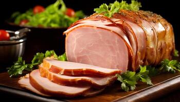 AI generated Freshness and gourmet slice of smoked pork on wooden table generated by AI photo
