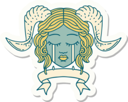 sticker of a crying tiefling character face with scroll banner png