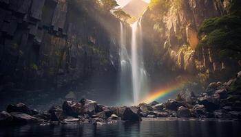 ai generado majestuoso montaña rango refleja en tranquilo fluido agua generado por ai foto