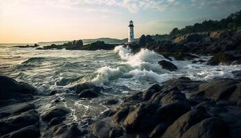 AI generated Sunset over tranquil coastline, waves breaking on rocky cliffs generated by AI photo