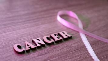 de madera antecedentes imagen pecho cáncer conciencia es celebrado en octubre mes. el inscripción con el símbolo es un rosado cinta. de cerca foto