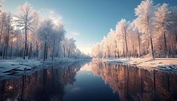 ai generado tranquilo invierno bosque, nieve cubierto árboles, reflejando en glacial agua generado por ai foto