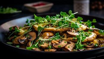 ai generado sano vegetariano comida con Fresco orgánico ensalada y A la parrilla hongos generado por ai foto