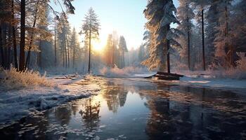 AI generated Tranquil scene winter forest, frozen pond, tree reflection in water generated by AI photo