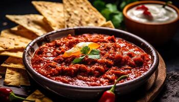 AI generated Fresh homemade guacamole, a savory dip on a rustic wooden plate generated by AI photo