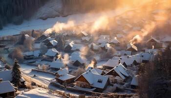 AI generated Winter landscape snow covered mountain hut, chimney emits smoke and heat generated by AI photo