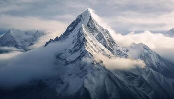 ai generado majestuoso montaña cima, nevado y tranquilo, un asombroso aventuras generado por ai foto