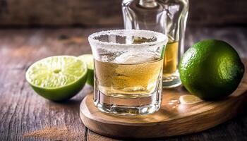 AI generated Fresh lime slice on wooden table, refreshing citrus cocktail generated by AI photo