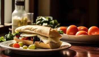 ai generado Fresco gastrónomo emparedado con A la parrilla carne, verduras, y queso Mozzarella en ciabatta generado por ai foto