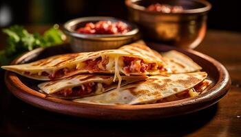 ai generado frescura en madera plato hecho en casa tacos, A la parrilla carne de res, gastrónomo bocadillo generado por ai foto