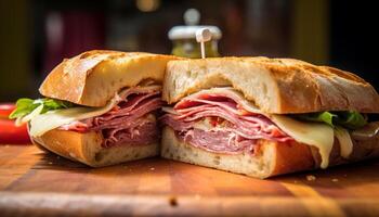 ai generado frescura y gastrónomo en un A la parrilla Cerdo ciabatta emparedado generado por ai foto