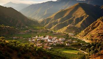 ai generado verde prado, arroz arrozal, cabaña, montaña cima, atardecer, bosque generado por ai foto