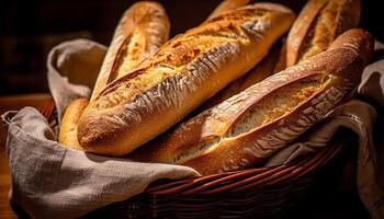 AI generated Freshly baked baguette on rustic wooden table, perfect for lunch generated by AI photo