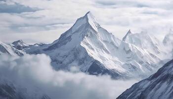 ai generado majestuoso montaña cima, nieve tapado y tranquilo, un asombroso aventuras generado por ai foto