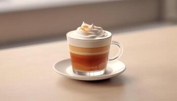 ai generado recién elaborada café en un taza con azotado crema y chocolate generado por ai foto