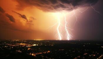 ai generado brillante cielo ilumina ciudad horizonte, encendido naturaleza explosivo belleza generado por ai foto