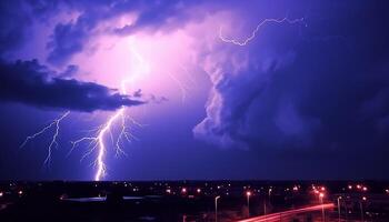 AI generated Bright flash ignites dark sky, illuminating vibrant purple thunderstorm generated by AI photo