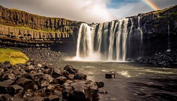 AI generated Majestic mountain landscape, tranquil waterfall, flowing water, green grass generated by AI photo