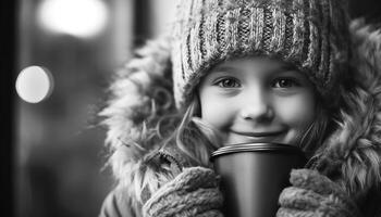 AI generated Smiling Caucasian child in winter, holding hot chocolate, enjoying outdoors generated by AI photo