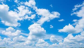 ai generado brillante azul cielo, mullido nubes, y vibrante prado crear un tranquilo verano escena generado por ai foto