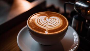 AI generated Freshly brewed coffee, frothy cappuccino, love in a heart shape generated by AI photo