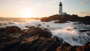 AI generated Sunset over the coastline, waves breaking on rocky cliffs generated by AI photo