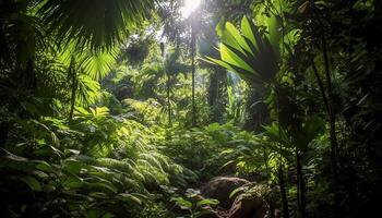 ai generado vibrante verde hojas en arboles crear un tropical bosque paisaje generado por ai foto