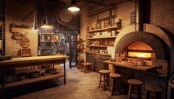 AI generated Cozy kitchen with rustic wood, modern design, and old fashioned charm generated by AI photo