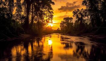 ai generado tranquilo puesta de sol refleja en agua, naturaleza vibrante belleza generado por ai foto