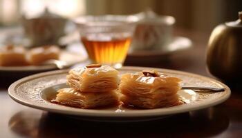 AI generated Freshness on table gourmet meal, sweet dim sum, baked pastry generated by AI photo