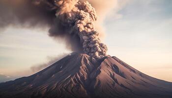 AI generated Erupting mountain releases smoke, ash, and steam in fiery landscape generated by AI photo