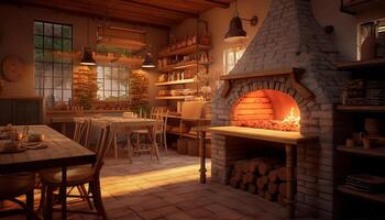 AI generated Cozy wood fire warms rustic cottage kitchen on winter night generated by AI photo