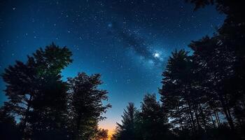 ai generado majestuoso montaña pico iluminado por estrella sendero en noche cielo generado por ai foto