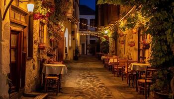 ai generado romántico oscuridad, iluminado linternas, antiguo madera, rústico mesa, al aire libre comida generado por ai foto