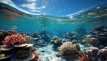 submarino arrecife pescado nadar en el azul mar generado por ai foto