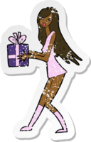 retro noodlijdende sticker van een cartoon mode meisje met cadeau png