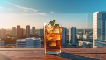 AI generated Refreshing cocktail on a wooden table, city skyline at sunset generated by AI photo