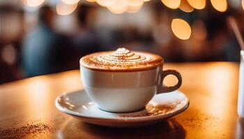 AI generated Fresh cappuccino on wooden table, perfect for relaxation and refreshment generated by AI photo
