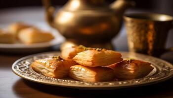 AI generated Chinese culture serves delicious dim sum on wooden plates generated by AI photo