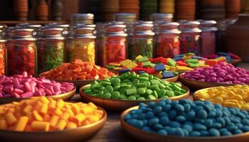 AI generated A large group of colorful candies in a jar generated by AI photo