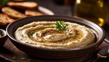 ai generado frescura y sabor en un hecho en casa hummus inmersión en Agave un pan generado por ai foto