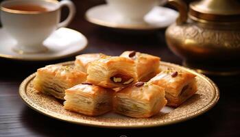 AI generated Freshly baked baklava, a sweet and delicious Middle Eastern dessert generated by AI photo