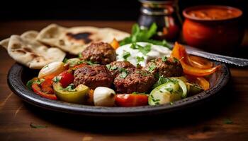 AI generated Grilled beef, meatball, and vegetable skewers on rustic wooden plate generated by AI photo